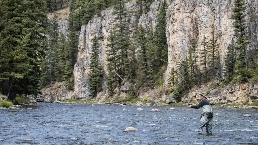 Fisherman wading in river